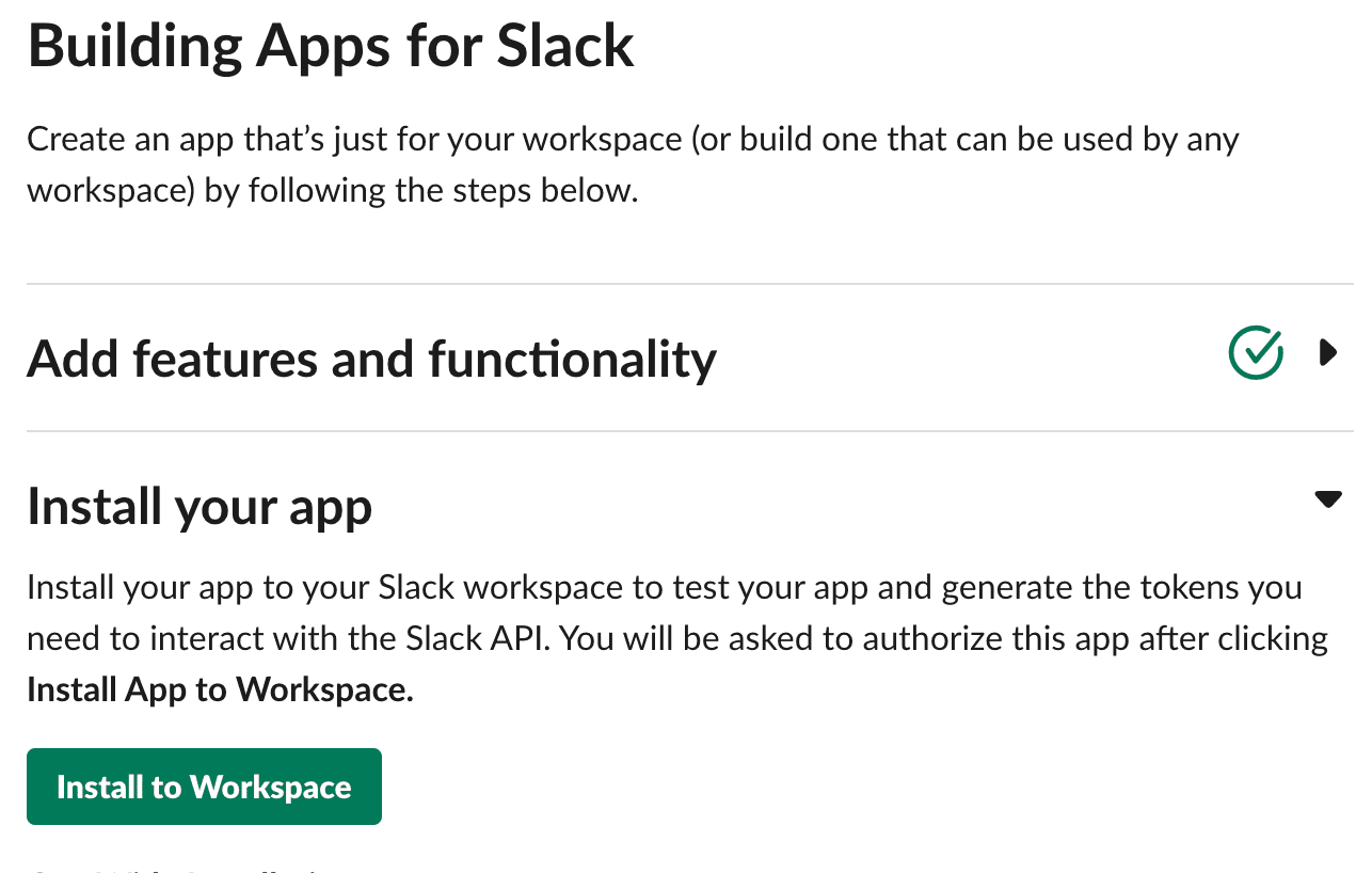 The picture shows the button to Install the App to the Slack Workspace.